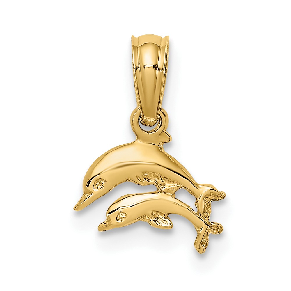 10k Yellow Gold 2-D Mini Double Dolphins Swimming Necklace Charm Pendant